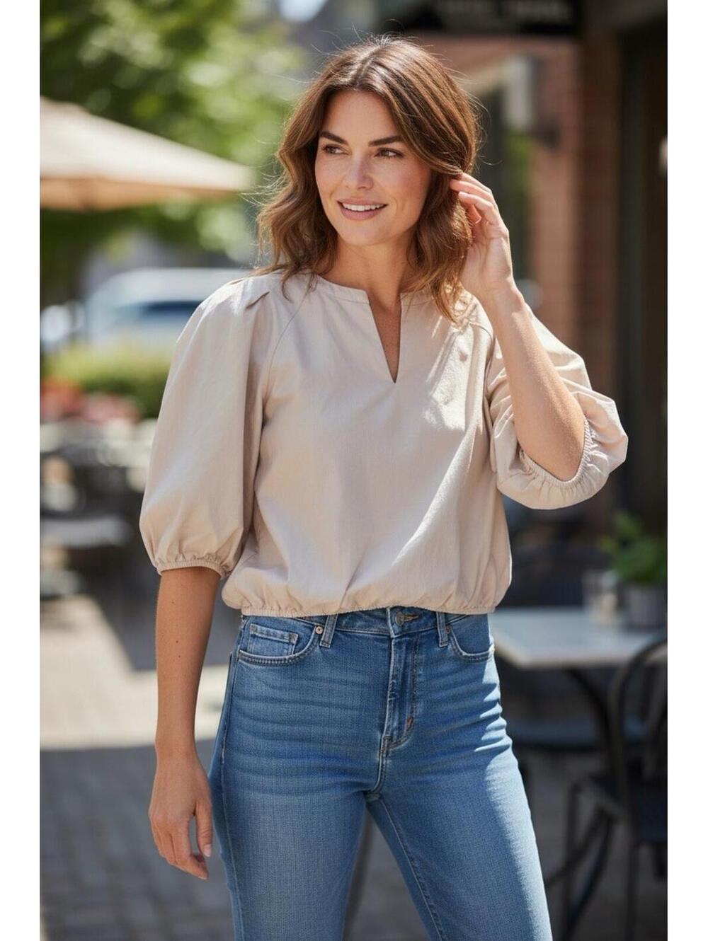 Kenneth Cole Chic Puff Sleeve Beige Blouse - Size Small